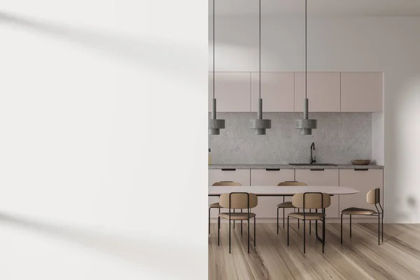 White Kitchen Interior Dinner Table Mock Copy Space White Partition — Fotografia de Stock