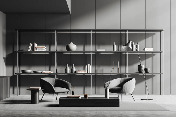 Вид спереди на темный интерьер конференц-зала с двумя креслами, полки с книгами и посудой, серая стена, журнальный столик, бетонный пол. Концепция минималистского дизайна. Место для встречи. 3d-рендеринг