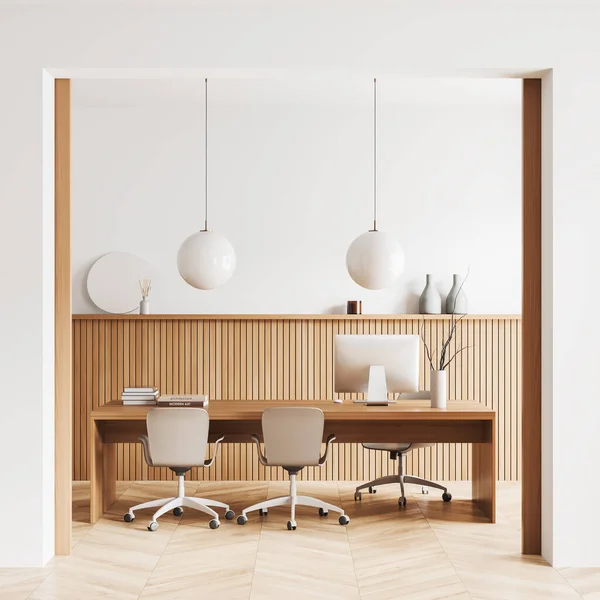 White Business Interior Chairs Computer Work Desk Hardwood Floor Stylish — Stock Photo, Image