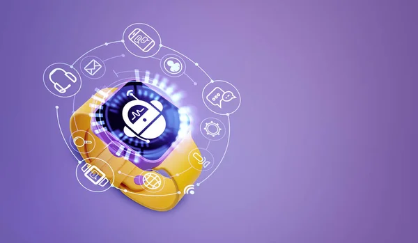 Smart watch and voice chat bot hologram, glowing icon and social network circuit on empty purple background. Concept of ai and customer support. 3D rendering