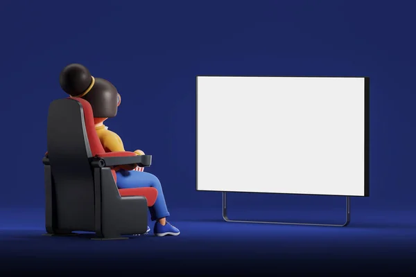 Cartoon woman sitting in chair, side view TV blank mock up screen on blue background. Concept of home cinema and movie. 3D rendering