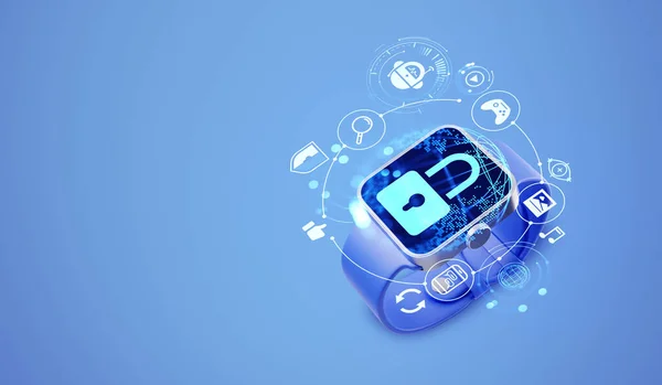 Smart watch with cybersecurity hud hologram with padlock, digital icons on copy space empty blue background. Concept of interface and software. 3D rendering