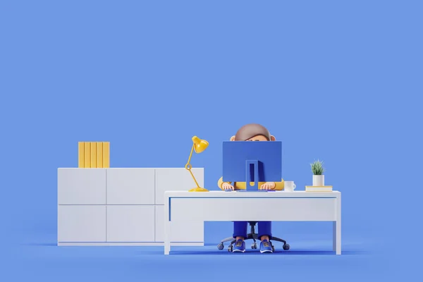 Cartoon woman in office workspace with pc computer on desk, shelf with documents. Copy space empty blue background. Concept of work and occupation. 3D rendering