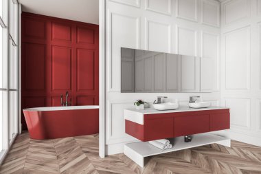Red bathroom interior with double sink and mirror, deck with accessories, side view, hardwood floor. Bright bathtub and panoramic window. 3D rendering