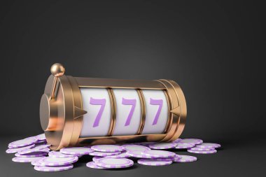 Casino jackpot black background. Golden slot machine with pile of purple chips. Concept of win and luck. Copy space. 3D rendering