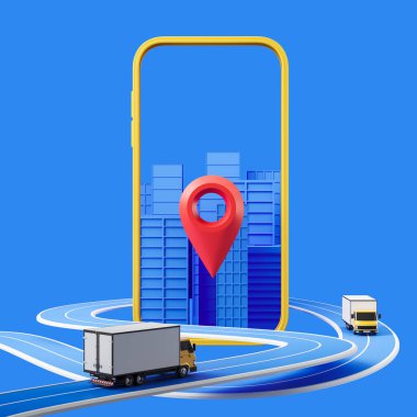 Mobile app for tracking, phone and delivery van moving in big city with geotag on blue background. Concept of shipping service. 3D rendering clipart