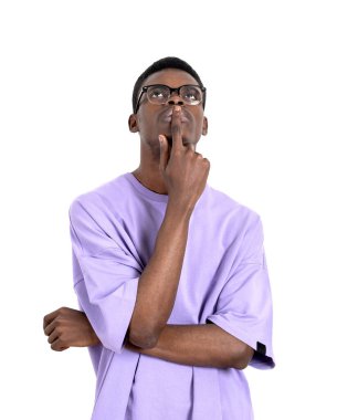 Young African American student pensive look isolated over white background. Hand on chin pose