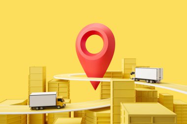 Delivery van and big city with geotag, online tracking and shipping service on yellow background. Concept of trucking. 3D rendering