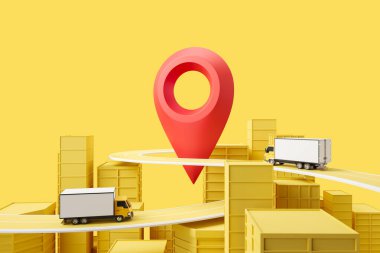 Delivery van and big city with geotag, online tracking and shipping service on yellow background. Concept of trucking. 3D rendering clipart