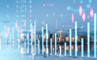 Stock market changes, forex diagrams with bar chart and numbers. Double exposure with New York cityscape, Manhattan. Concept of trading and analysis