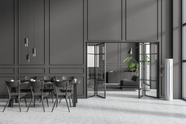 Dining room interior with chairs and dishes on table, grey concrete floor. Minimalist chill room with sofa and drawer with decoration on background. 3D rendering