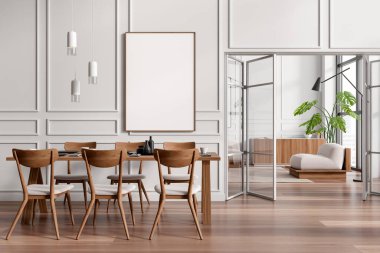 Light dining room interior with chairs and dishes on table, hardwood floor. Stylish relax room with sofa and commode on background. Mockup canvas poster. 3D rendering