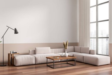 Light living room interior with sofa, front view, hardwood floor. Coffee table with decoration, panoramic window on city view. Mockup copy space wall. 3D rendering