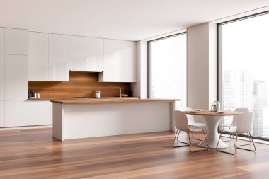 White kitchen interior with bar island, corner view, sink and dining table. Kitchenware on deck. 3D rendering