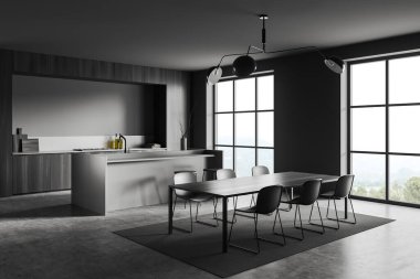Dark dining interior with table, chairs, bar island with stool on grey concrete floor. Cooking space, side view, panoramic window on countryside. 3D rendering