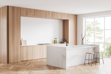 White kitchen interior with bar chairs and marble countertop with sink, side view, hardwood floor. Kitchenware on shelf. Cooking space with panoramic window on tropics. 3D rendering