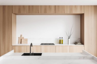 Wooden kitchen interior with marble bar island, front view, sink and stove. Kitchenware, oil bottle and decoration on deck. 3D rendering