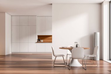 Stylish kitchen interior with dining table and chairs, front view, cooking space with shelf, hardwood floor. Mockup empty wall. 3D rendering