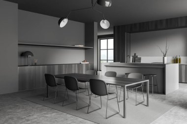 Dark dining interior with table, chairs, bar island with drawer on grey concrete floor. Cooking space, side view, decoration and panoramic window on countryside. 3D rendering