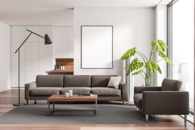 White kitchen interior with sofa and coffee table, side view, panoramic window on city view. Cooking space with appliances and chill area in studio. Mock up poster. 3D rendering