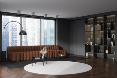 Dark living room interior with sofa, coffee table on carpet and hardwood floor. Shelf with decoration, side view, panoramic window on Singapore city view. 3D rendering