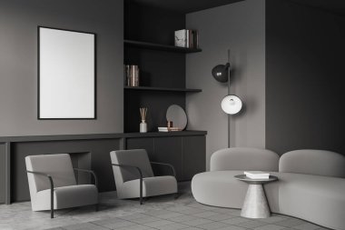 Dark living room interior with sofa and two armchairs, fireplace and shelf with books and decoration, side view, carpet on grey concrete floor. Mock up blank poster. 3D rendering