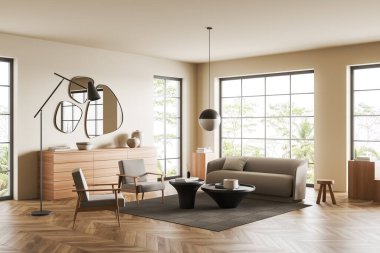 Beige living room interior with sofa and two armchairs, coffee table and commode with decoration, carpet on hardwood floor. Panoramic window on tropics. 3D rendering