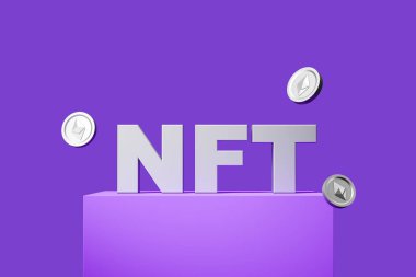 NFT on purple podium, silver crypto coins floating, non-fungible token. Concept of digital art. 3D rendering