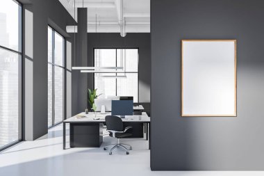 Dark coworking interior with armchairs, pc computer on desk, white concrete floor. Open space office with panoramic window on Singapore city view. Mockup poster. 3D rendering