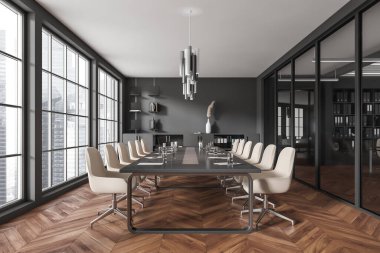 Dark conference room interior with armchairs and papers on table, hardwood floor. Business meeting room and shelf with documents, panoramic window on Singapore city view. 3D rendering