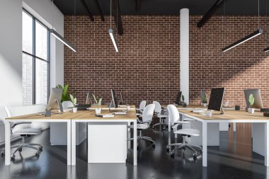 Workspace interior with armchairs and pc computer on desk, black concrete floor. Office brick loft with panoramic window on Singapore city view. 3D rendering