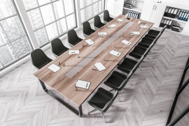 Top view of white conference room interior with armchairs and tools on board, hardwood floor. Meeting room and panoramic window on Singapore city view. 3D rendering