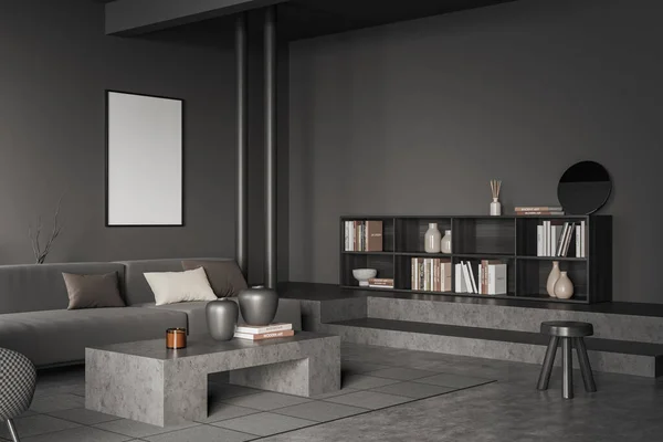 深灰色客厅在公寓内 沙发和咖啡桌 地毯在深灰色混凝土地板上 把空白海报装模作样 3D渲染 — 图库照片