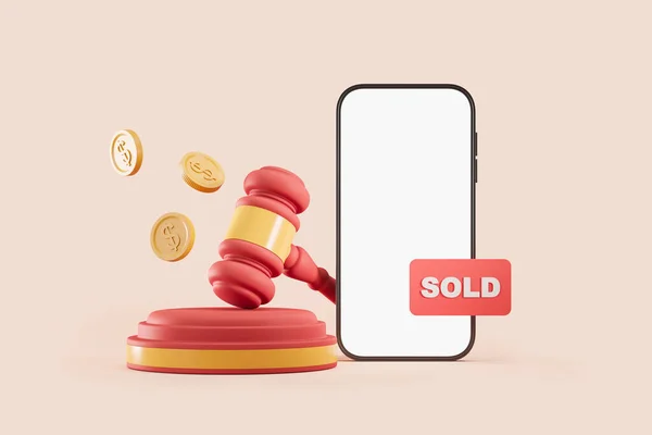 Mobile Phone Auction Gavel Pink Background Coins Flying Concept Online —  Fotos de Stock