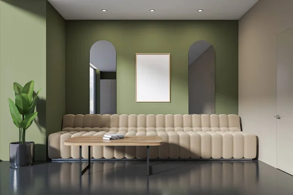 Green Relax Interior Sofa Coffee Table Books Plant Dark Concrete — Foto de Stock