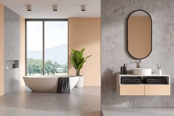 Beige Bathroom Interior Sink Mirror Towels Bathtub Panoramic Window Soap — Fotografia de Stock