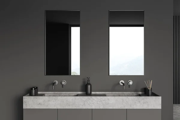 Dark Bathroom Interior Double Sink Two Mirrors Window Countryside Stylish — Stok fotoğraf