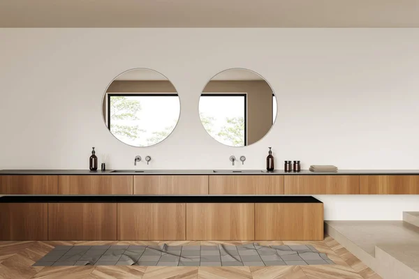 Beige Bathroom Interior Double Sink Mirror Foot Towel Hardwood Floor — Stockfoto
