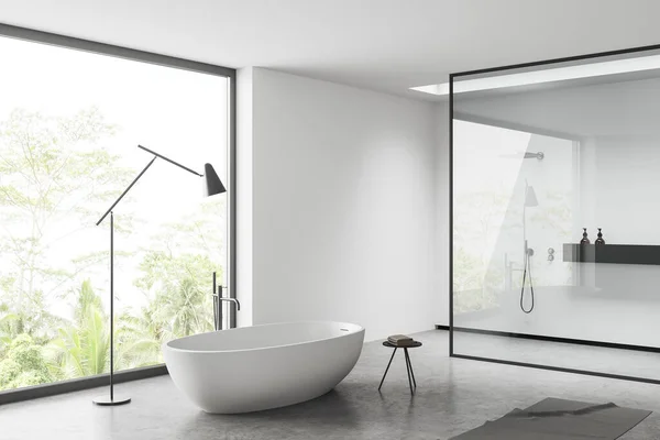 White Bathroom Interior Bathtub Shower Glass Partition Grey Concrete Floor - Stock-foto