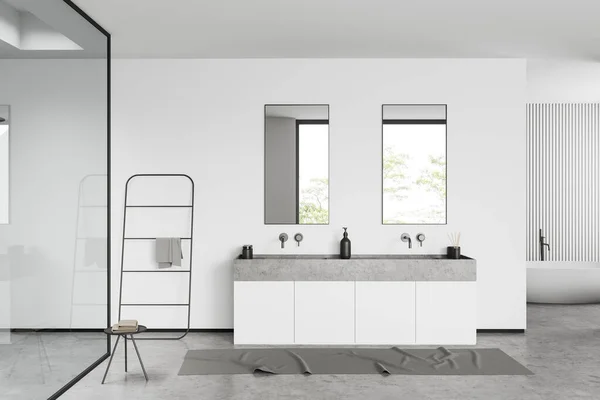 白色浴室内部与水池 镜子和浴缸在灰色混凝土地面 窗户在热带地区 带毛巾和扶梯的餐桌 现代酒店工作室 3D渲染 — 图库照片
