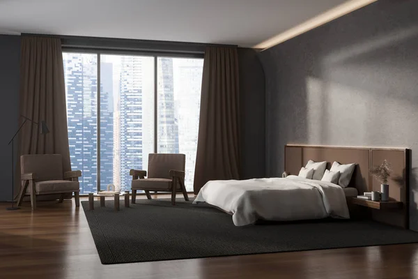 Modern Bedroom Interior Hotel Studio Bed Nightstands Two Armchair Concrete — Foto Stock