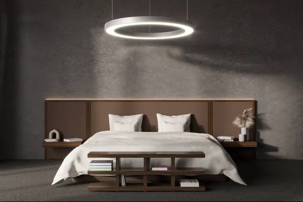 Modern Bedroom Room Interior Hotel Studio Bed Nightstand Concrete Wall — Stock Photo, Image