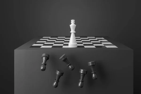 Chess Board Black Figures Falling White Figure Win Concept Victory — Stock Photo, Image