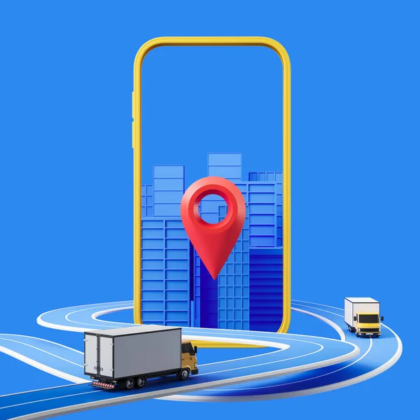 차량을 모바일 앱입니다 태그가 파란색 배경에 대도시로 이동하고 있습니다 서비스의 — 스톡 사진
