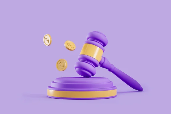 Auktionsgabel Auf Violettem Hintergrund Mit Dollarmünzen Verkaufskonzept Rendering — Stockfoto
