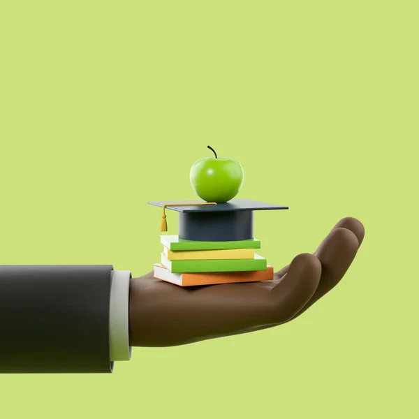 Cartoon african hand hold pile of books, graduation cap and apple on green background. Concept of diploma and professional training. 3D rendering