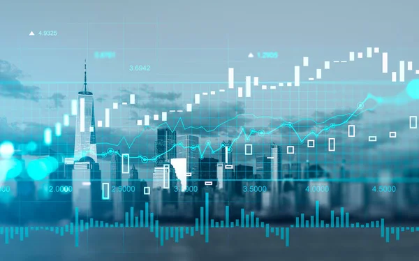 Stock market changes, forex diagrams with bar chart and numbers. Double exposure with New York skyline, Manhattan. Concept of trading and analysis