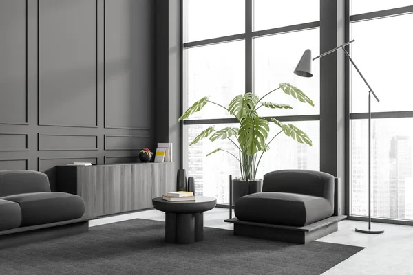 深色客厅内饰沙发 铺在地毯上的咖啡桌 灰色混凝土地板 新加坡城市全景窗口 木制抽屉 装饰精美 3D渲染 — 图库照片