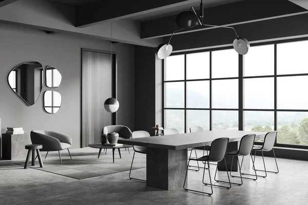Dark Living Room Interior Chairs Table Grey Concrete Floor Side — Stok fotoğraf