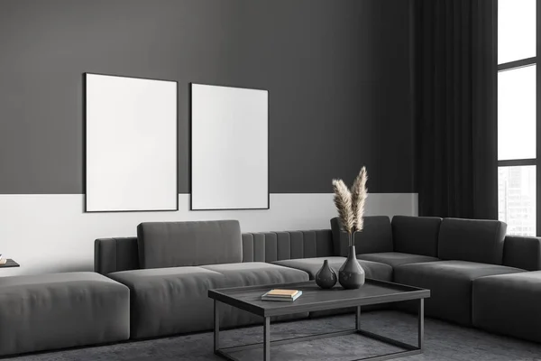 深色灰色客厅内部 沙发在混凝土地板上 有装饰和干燥设备的咖啡桌 放松公寓中的空间 墙上有两张模拟的油画 3D渲染 — 图库照片
